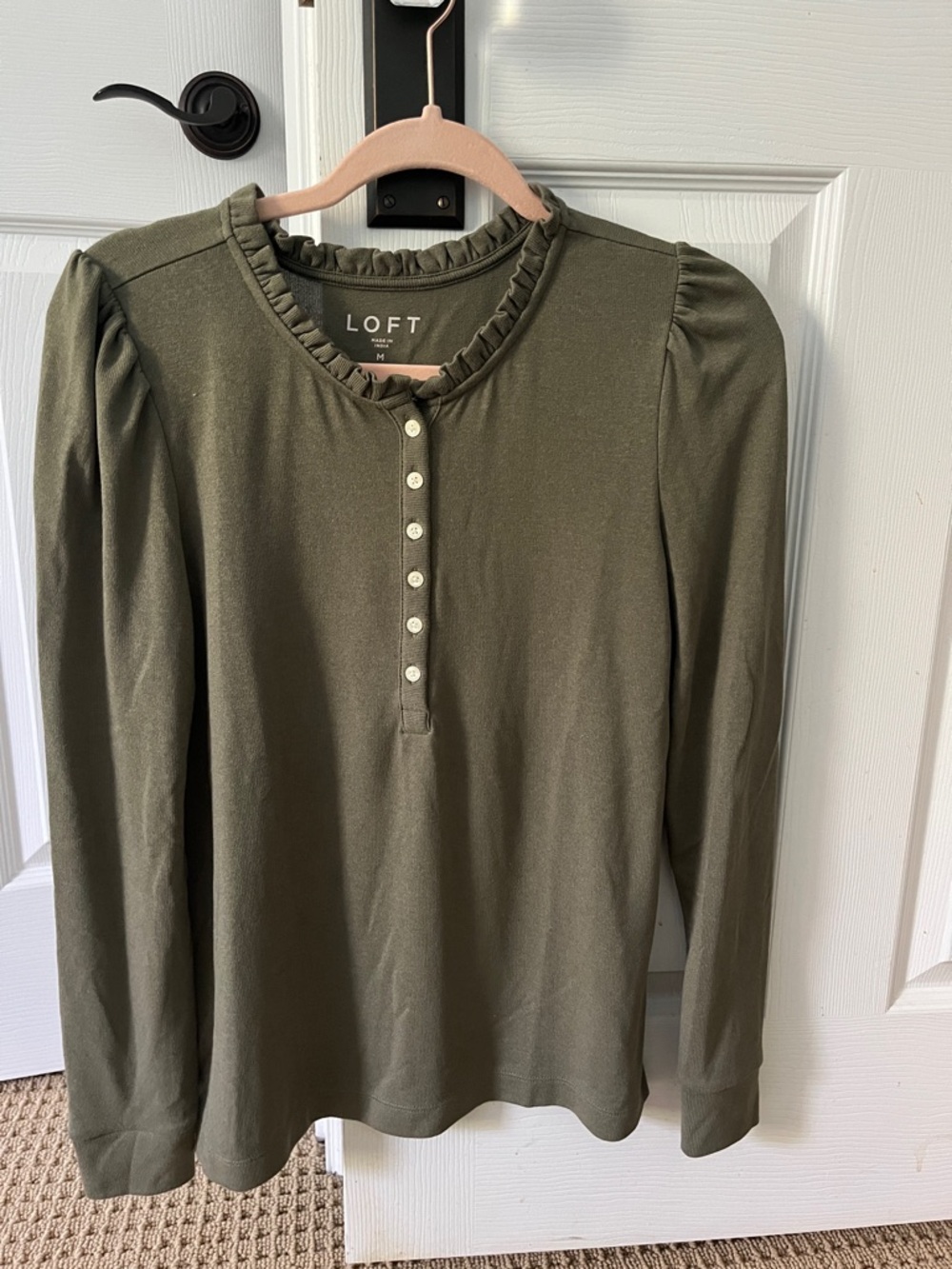 LOFT Olive Ruffle-Neck Button Henley Long-Sleeve Top